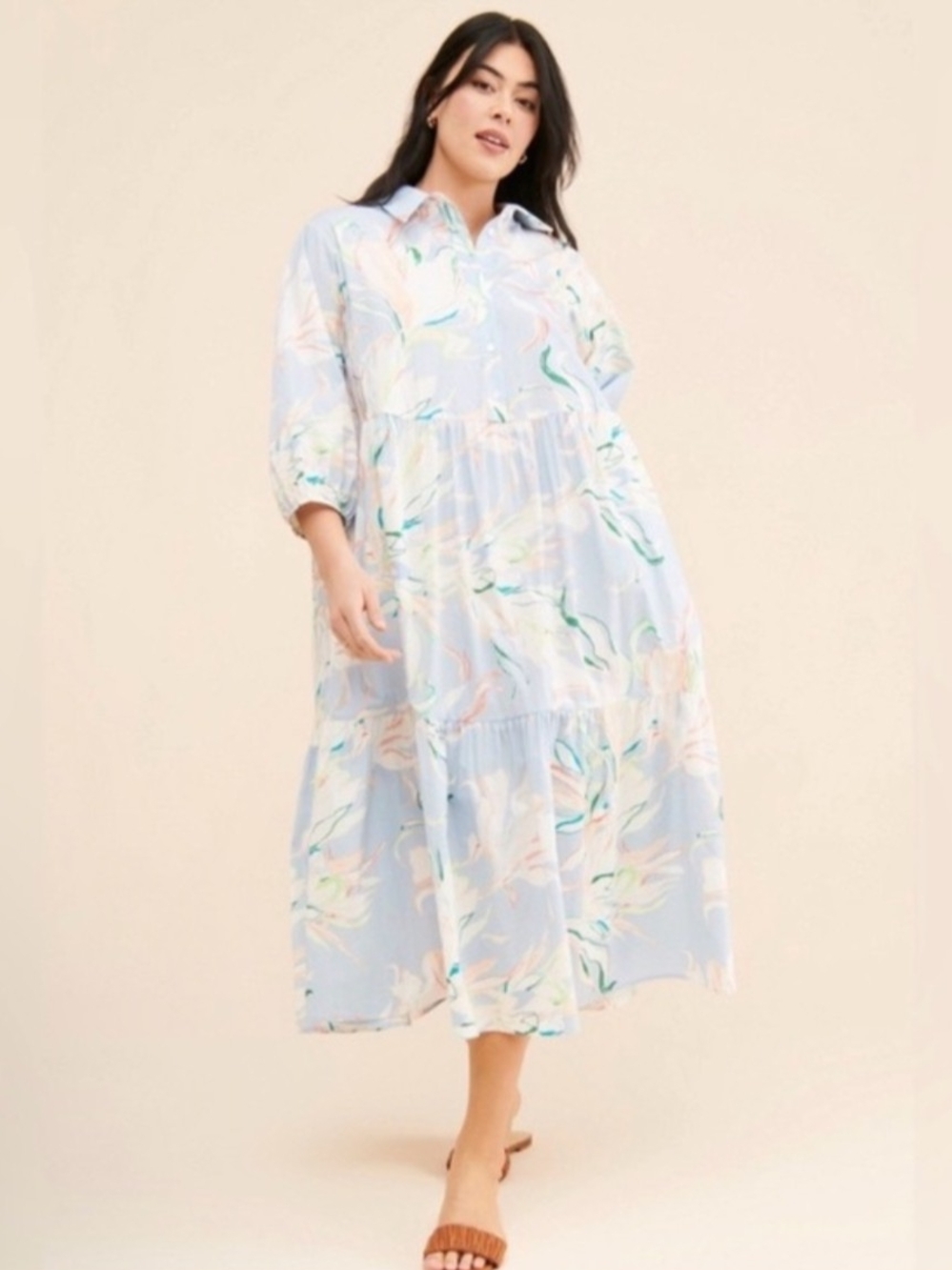MAEVE by Anthropologie Bettina Dress Collared Button Front Pastel Blue Floral